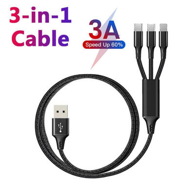 

125m Multiple 3A Fast Charging Cable 3 in 1 USB Multi Charger Cord with iPhone Lightning Type C Micro USB-125m