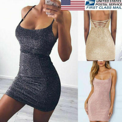 

US Women Sexy Glitter Clubwear Sleeveless Slim Bodycon Cocktail Party Mini Dress