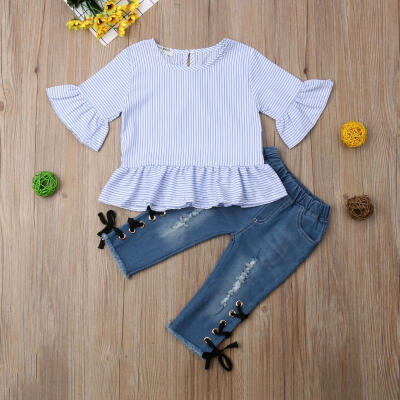 

Toddler Kid Baby Girls Ruffle Sleeve Denim Outfit Set Blue Stripe Tops Ripped Tie Leg Jeans Clothes Set