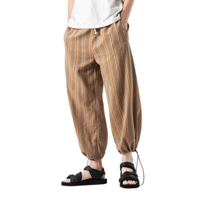 

Gobestart Fashion Men Multi Color Striped Cotton Linen Long Pants Casual Trousers