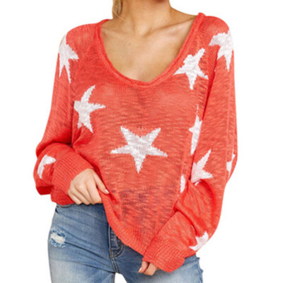 

New Fashion Women Tops Single Shoulder Thin Stars Printed Long-Sleeved Shirt Loose Pullover V-neck sweater