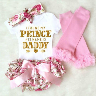 

4Pcs Cute Baby Girl Top Romper Floral Shorts Dress Prince Daddy Outfits Clothes