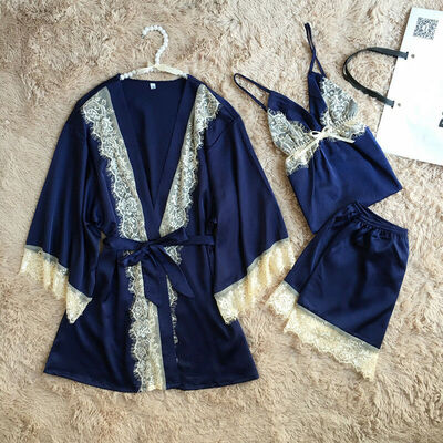 

3Pcs Womens Sexy Lace Sleepwear Satin Nightwear Lingerie Pajamas Suit