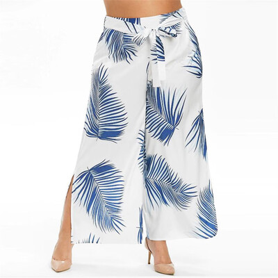 

Gobestart Fashion Women Plus Size Pocket Print Lacing Casual Loose Wide Leg Leggings Pants
