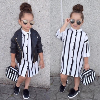 

Striped Toddler Girls Kid Dress Casual Long Sleeve Buttons Shirt Dresses Clothes 1-6Y