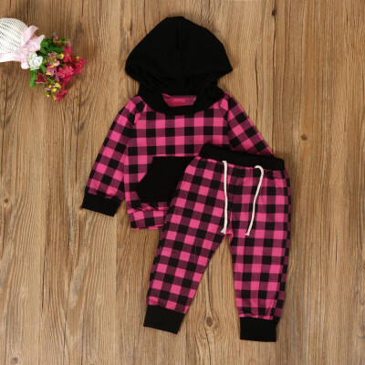 

Infant Baby Boy Girl Clothes Hooded Plaid Tops Jacket Pants Outfits 2PCS Set