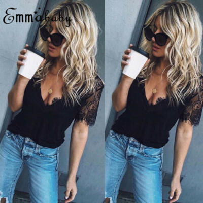 

US Sexy Women Summer Lace Short Sleeve Vest Top Blouse Casual Tank Tops T-Shirt