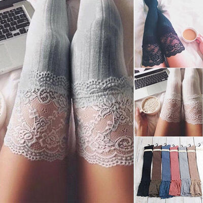 

Women Knitting Lace Cotton Over Knee Thigh Stockings High Socks Pantyhose Tights