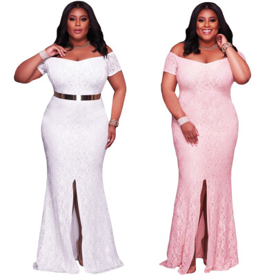 

Fashion Women Plus Size Maxi Off Shoulder Lace Dress Short Sleeves Split Hem Back Zipper Elegant Long Gown PinkWhite