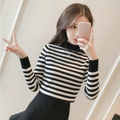 

Women Casual Sweet Half-High Collar Knit Stripe Long Sleeves Pullover Print T-Shirt Bottoming Tops