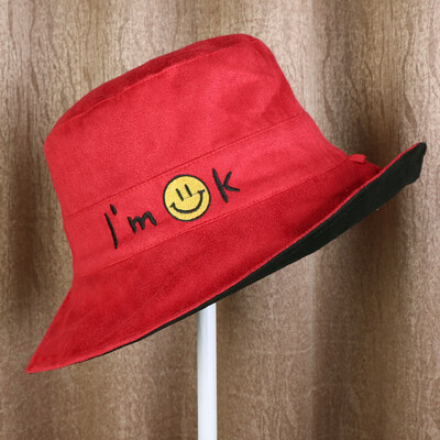 

Autumn new smiley face letters embroidered fisherman hat ladies Japanese fresh pot hat students outdoor Joker Hat