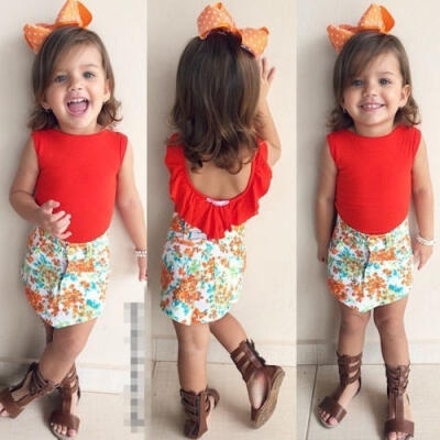 

2017 Girls Cotton Red TopsFlower Pencil Skirt Casual Kids Baby Clothes For 1-7Y