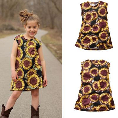 

Toddler Kids Baby Girls Elastic Sunflower Print Casual Dress Sundress Summer