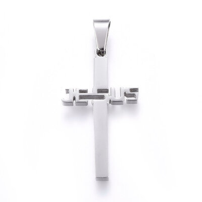 

304 Stainless Steel Pendants Cross with Word Jesus Stainless Steel Color 31x17x22mm Hole 8x4mm