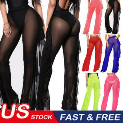 

USA Sexy Womens See Through Sheer Mesh Ruffle Swimsuits Bikini Cover Up Pants