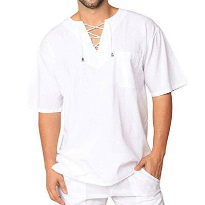 

Men Summer T-Shirt Cotton Linen Thai Hippie Shirt V-Neck Beach Yoga Top