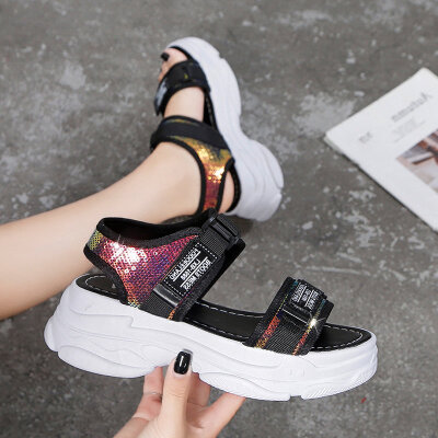 

Fairy sandals summer thick-soled muffin Roman shoes flat-soled leisure medium&heel students net sequins