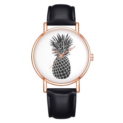 

Fashion Womens Watches Black Pineapple Pattern Rose Gold Frame Disc Ladies Quartz Wristwatch Leather Strap Clock Kol Saati