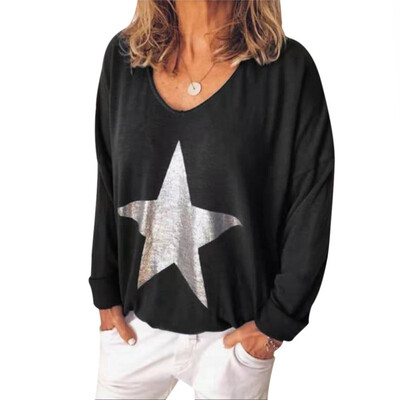 

Black T Shirt Women Autumn Sexy Star Print Loose T Shirt V Collar Long Sleeve Casual Wild T-Shirt Tops