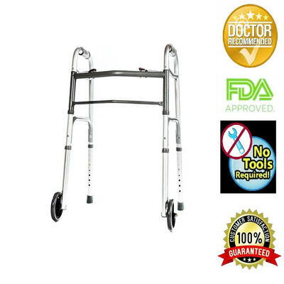 

Folding Walker 2 Button with 5" Wheels Heavy Duty Professional UP TO 350 LBS