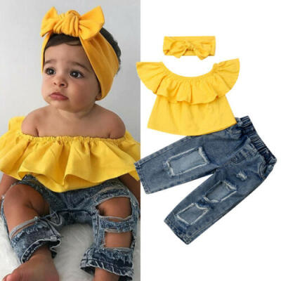 

3PCS Toddler Kids Baby Girls Clothes T-shirt TopsDenim Jeans Pants Set 1-6Years