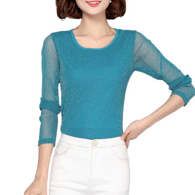 

Women Long Sleeve Bright Wire Mesh Tops Solid Slim Basic T-shirts Plus Size