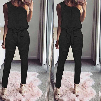 

Starmoon Womens Frenulum Solid Elastic Rope Sleeveless Round Neck Repa-Leg Jumpsuit