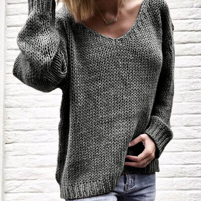 

Gobestart Womens Fashion V-neck Long Sleeve Solid Color Sweaters&Knitted Sweaters