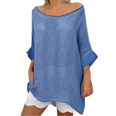 

Starmoon Women Casual Loose Linen Round Neck Soild Daily Lady Tanic Shirt Blouse Tops