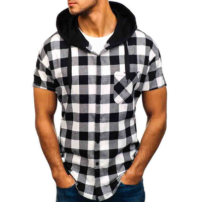 

Toponeto Fashion Mens Summer Hooded Pocket Short Sleeve Plaid T-shirt Top Vest Blouse