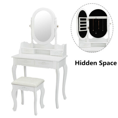 

Vanity Jewelry Wooden Makeup Dressing Table Set WStool Mirror Cabinet &4 Drawer