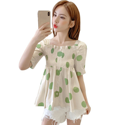 

Women Blouse Fashion Polka Dot Print Short Sleeve Shirt Casual Loose Square Collar Button Ruffles Blouses Basic Tops