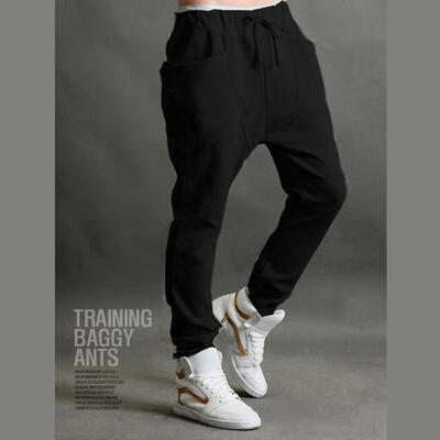 

Mens Trousers Casual Loose Elastic Waist Solid Color Harem Pants With Pocket