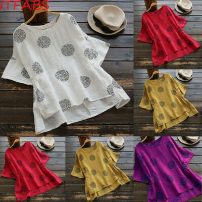 

New Women Casual Summer Short Sleeve Coin Dots Cotton T-Shirt Blouse Tops