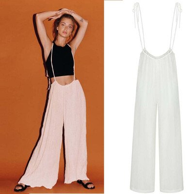 

Tailored Womens Loose Retro Casual Solid Color Wide Leg Pants Strap Sling Jumpsuit