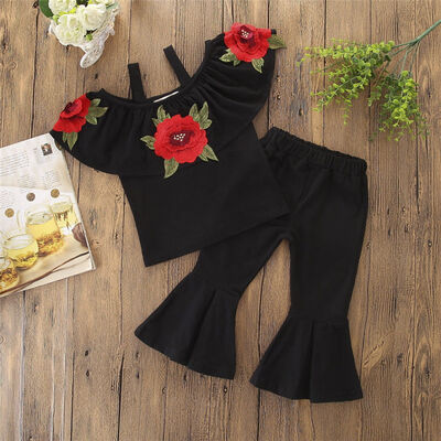 

Toddler Kids Baby Girls Floral Off Shoulder Tops Bell-bottoms Pants Outfits