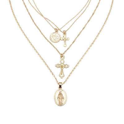 

Multi-layer Goddess Cross Pendant Women Alloy Chain Choker Necklace Jewelry