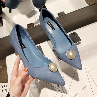 

High heels women follow Xia Baiqi temperament sexy pointed pearl shallow mouth work single shoe tide