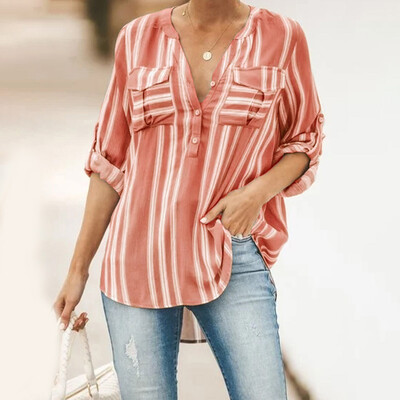 

Womens Long Sleeve Striped Shirt Button Down OL Ladies Loose Blouse Tops T-shirt