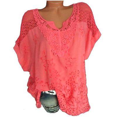 

Women V-Neck Short Sleeve Hollow Out Casual Blouse Loose Tops Summer T-Shirt