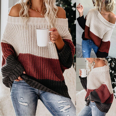 

Tailored Women Color Block Oversized Slashneck Striped Long Sleeve Knitted Loose Sweater
