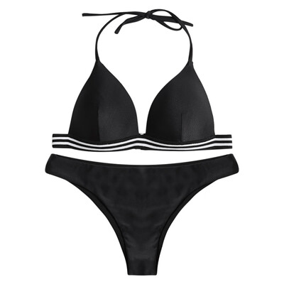 

Halter Neck Backless Padded Stripe Low Waist Women Bikini Set