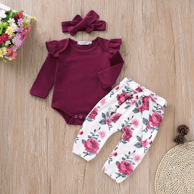 

Princess girl clothes set fly sleeve romper floral pants headband clothes autumn wear 0-18m