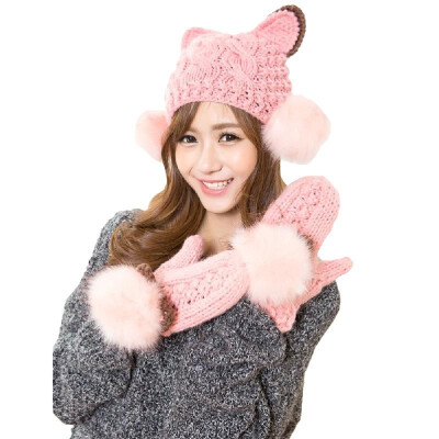 

New Fashion Winter Women Knitted Mittens Contrast Color Faux Fur Cat Ears Warm Gloves