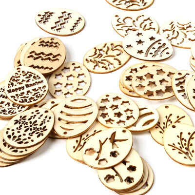 

50pcs Wooden Easter Eggs Hanging Ornaments Pendant Crafts with Rope DIY Wood Egg Slices for Home Party Decorations