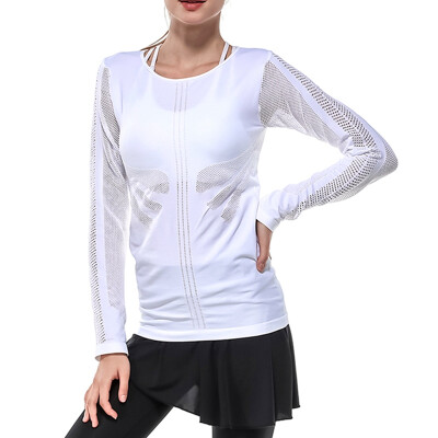 

Spring Autumn Women Fitness Shirt Women Running Gym Clothes Hollow Out Breathable Women Solid Long Sleeve Base O-Neck Shirt