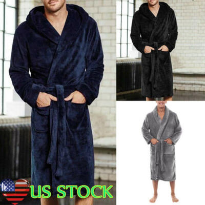 

US Winter Mens Lengthened Plush Shawl Bathrobe Home Sleepwear Long Robe Coat