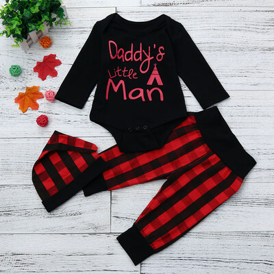 

3Pcs Newborn Infant Baby Boy Letter Romper TopsPants Cap Lattice Outfit Set