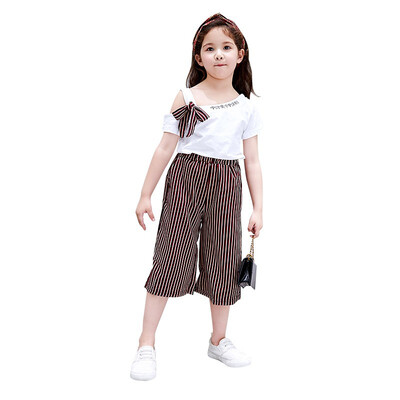

2-7T Kids Baby Girl Summer Bow Tops T-shirt Striped Wide leg Pants Shorts Outfit