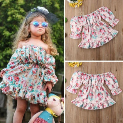 

Kids Baby Girls Cute Flower Long Sleeve Princess Party Off Shoulder Mini Dress Outfits Clothes